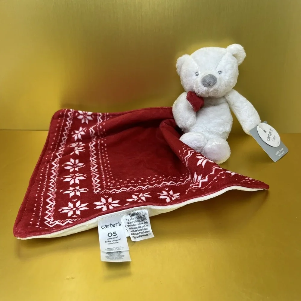 Carters Security Blanket Plush Baby Lovey Rattle white Bear w/ Red blanket 10x11